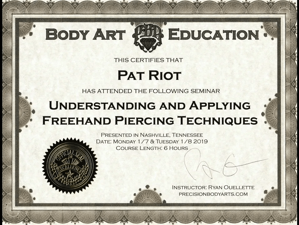 Body Art Education piercing seminar certificate