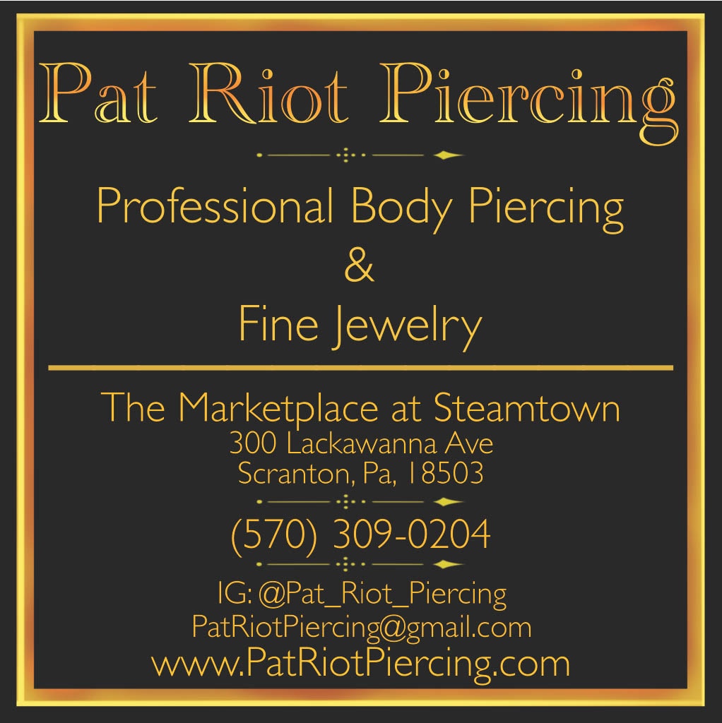 Pat Riot Piercing contact card — Professional Body Piercing and Fine Jewelry, Marketplace at Steamtown