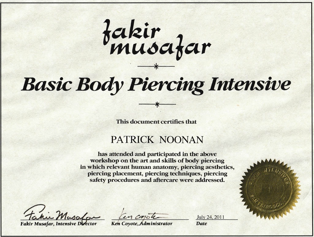 Fakir Musafar Basic Body Piercing Intensive certificate — Patrick Noonan, July 2011